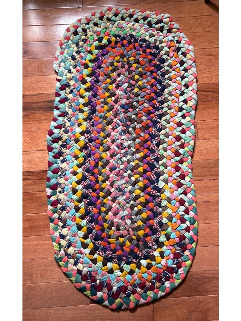 Handmade Braided Multicolor Oval Rug Fabric Vintage 34x16" Retro Vibes Room Deco